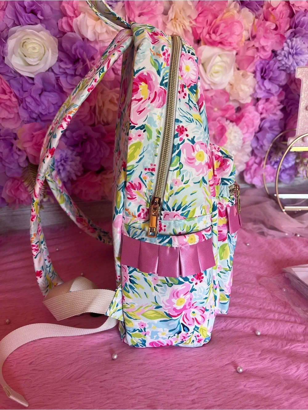 Floral Print Backpack with Pink Ribbon Trim